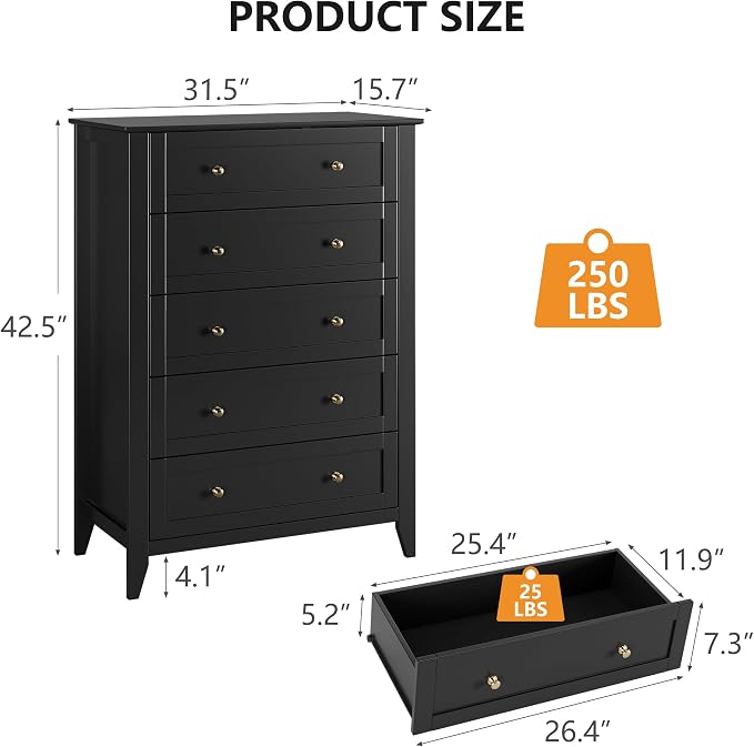 Garvee Black 5-Drawer Dresser for Bedroom, 42.7"H Storage Drawers Organizer | Modern Lacquered Chest of Drawers, 15.8"D x 31.5"W x 42.7"H, Storage Dresser with Deep Drawers for Home Office