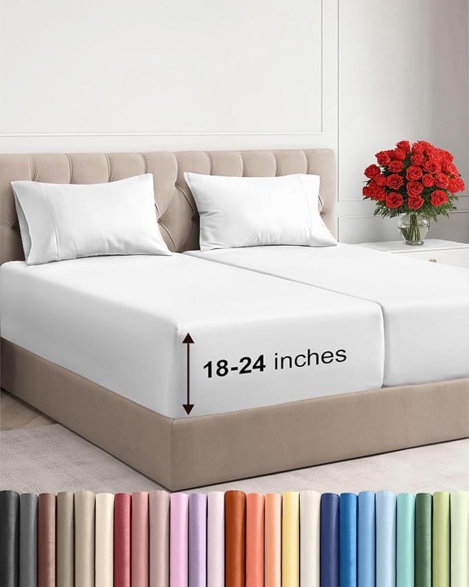 Extra Deep Split King Sheet Set - 5 Piece Breathable Cooling Sheets - White | Easily Fits 18 to 24 inch Mattress - Ultra Soft, Wrinkle & Fade Free with Extra Deep Pockets - Comfy Hotel Luxury Bedding
