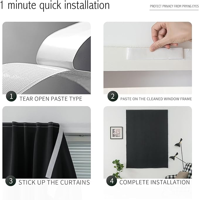 Room Darkening Curtains with Adhesive Backing Tool Free Hanging Window Drapes for Bedroom Kitchen Rental 70" W x 84" L Black 1 Panel