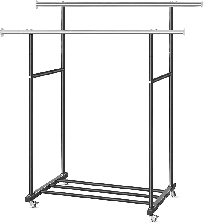 VICERII Clothes Rack, Double Clothing Rack with Wheels and Extra Wide Bottom Shelf, 52.36’’ Heavy Duty Garment Racks for Hanging Clothes, Coats, Shirts, Skirts, Dresses, 130LB Capacity, Black