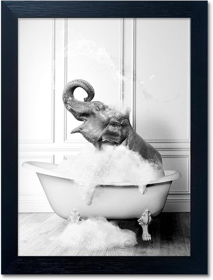 Framed Bathroom Wall Decor Elephant in Bathtub Pictures Wall Art Black and White Funny Animal Canvas Print Artworks for Bathroom
