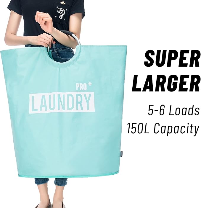 Caroeas Super Large 150L Laundry Hamper Pro, Waterproof Laundry Basket, Clothes Hamper Stands Up Well, Laundry Bag with Padded Handles, Collapsible Laundry Basket Easy Storage (Light Blue)