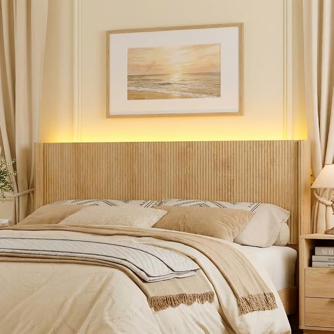 Queen Size Headboard Only, Modern Fluted Wall-Mounted Head Board with Lighting, Boho Wood Bed headboard Stylish Bedroom Decor, Natural