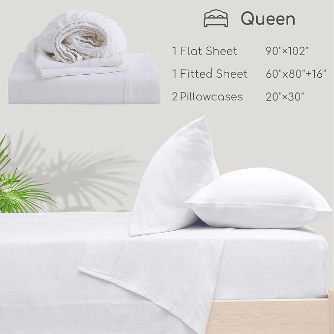100% Linen Sheets Set Queen Size, Natural Pure Flax 4 Piece Bed Sets, 16" Deep Pocket, Breathable Cooling Bed Soft Durable Bedding, Machine Washable (White,Queen)