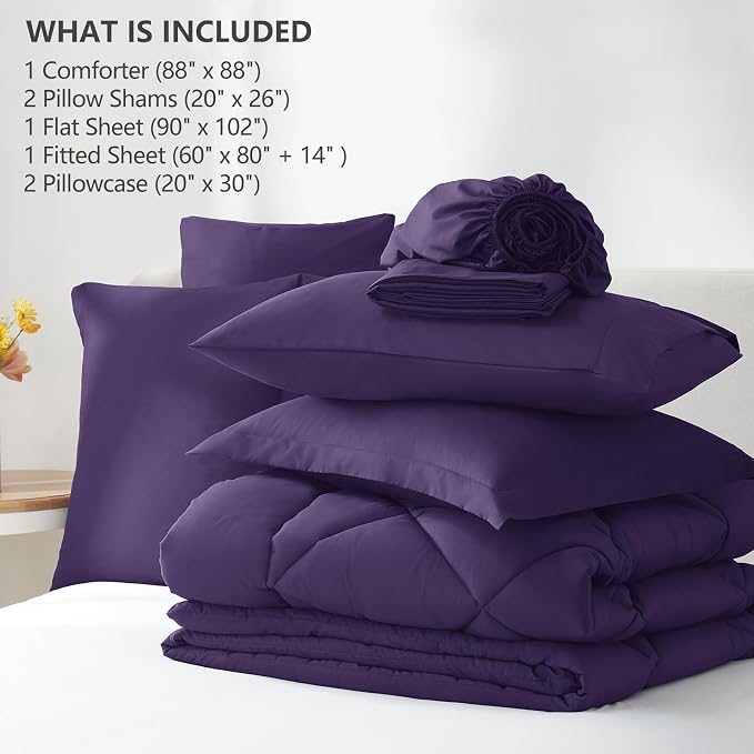 Queen Comforter Set with Sheets Purple - 7 Pieces Bed in a Bag | OEKO-TEX Certified, All Season, 240GSM Down-Alternative Comforter, Sheets, Pillowcases & Shams, 14" Deep Pocket, Easy Care