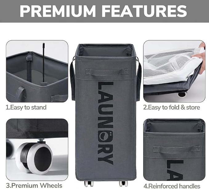 Goodpick 75L Laundry Basket with Wheels & Removable Wash Bag for Dorm | Rolling Laundry Basket with Handles for Dirty Clothes, Fodable Hamper for Laundry Room, Dorm Room Essentials, Grey