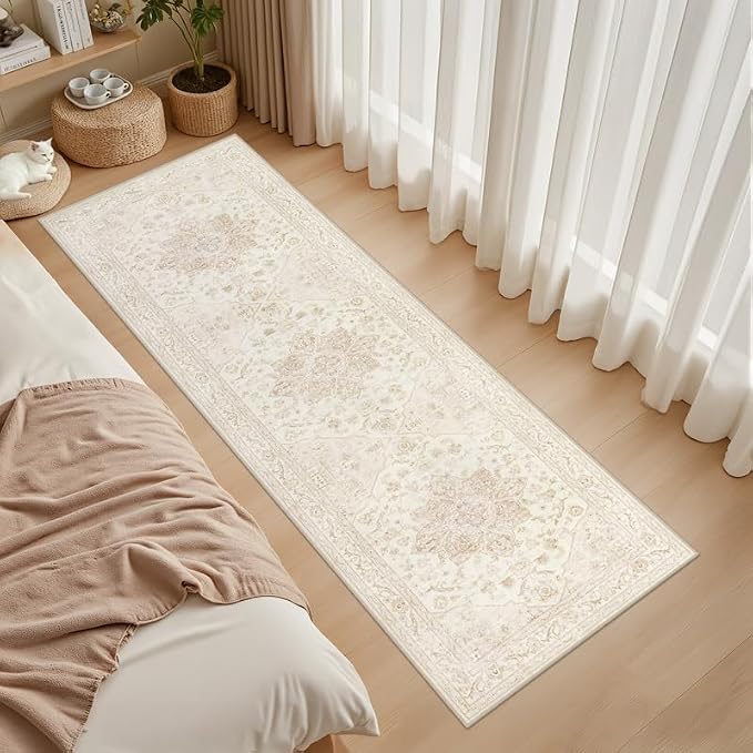 2'6''x8' Hallway Washable Runner Rug: Kitchen Carpet Beige White | Vintage Boho Soft Small Indoor Decor Floor Non-Slip Low Pile Neutral Farmhouse Entryway Laundry Bathroom Bedroom Beside Rugs
