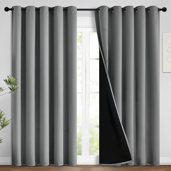 Yakamok Grey Blackout Curtains 96 Inches Long for Bedroom 62" Wide 2 Pcs | Blackout Curtain Panels for Bedroom, 2 Thick Layers Grommet Top Thermal Insulated Drapes with Black Liner for Living Room