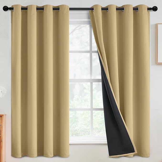SimpleHome Biscotti Beige 100% Blackout Curtains Room Darken Living Room 63 | Curtains for Bedroom,Thermal Insulated Grommet Window Drapes,Curtains for Living Room with Black Back,52 x 63 Inch,2 Panels