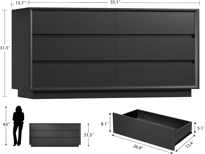 TEENFON 55" Dresser for Bedroom with 6 Drawers, Black Dresser with Metal Slide, Bedroom Dressers, Wood Dressers & Chests of Drawers for Bedroom, Hallway, Black