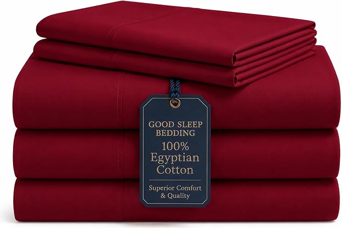 Good Sleep Bedding Split King Sheets Sets for Adjustable Bed, 5 Piece, 100% Egyptian Cotton Bed Sheets for Adjustable Bed, Sateen Weave, 16 Inch Deep Pocket Bed Sheet - Burgundy