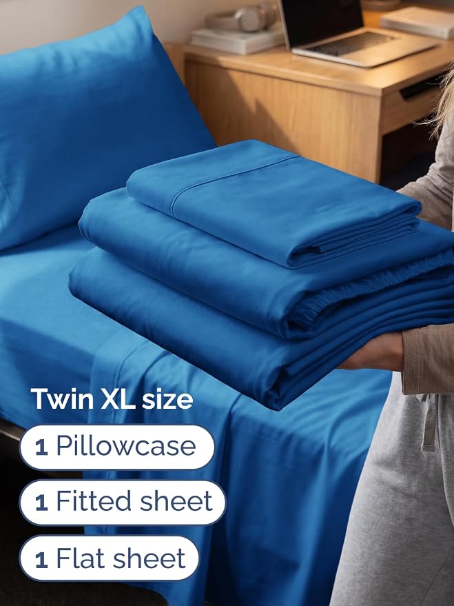 Extra Deep Twin XL Sheet Set - 3 Piece College Dorm Room - Royal Blue | Soft, Breathable & Cooling, Easily Fits 18 to 24 inch Mattress, Wrinkle Free & Fade Resistant with Extra Deep Pockets