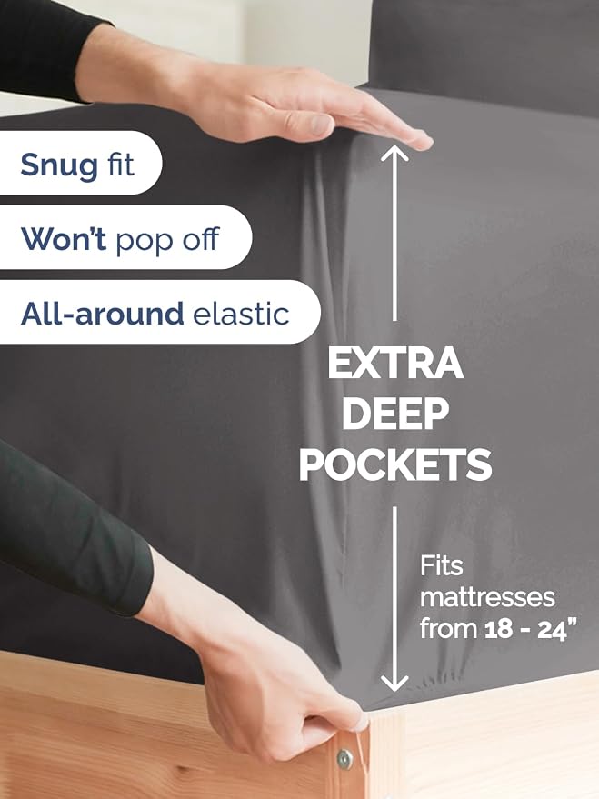 Extra Deep Twin Sheet Set - 4 Piece Breathable and Cooling Sheets - Grey | Hotel Luxury Bed Sheets Set, Easy & Secure Fit, Ultra-Soft, Wrinkle & Fade Free, Comfy Sheets Set with Extra Deep Pockets