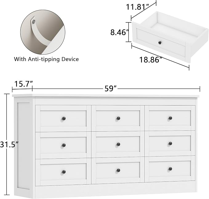 wanan 9 Drawer Dresser for Bedroom, White Modern 59'' Wide Wood Chest of Drawers, Dresser TV Stand, Storage Organizer with Metal Handles for Living Room, Hallway, Entryway