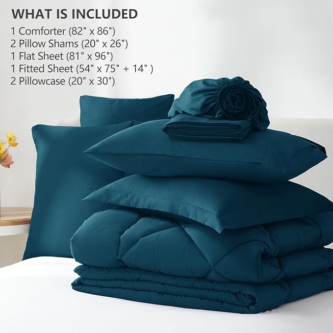Full Size Comforter Sets Lyons Blue - 7 Pieces Complete Bedding Set | OEKO-TEX Certified, All Season, 240GSM Down-Alternative Comforter, Sheets, Pillowcases & Shams, 14" Deep Pocket, Easy Care