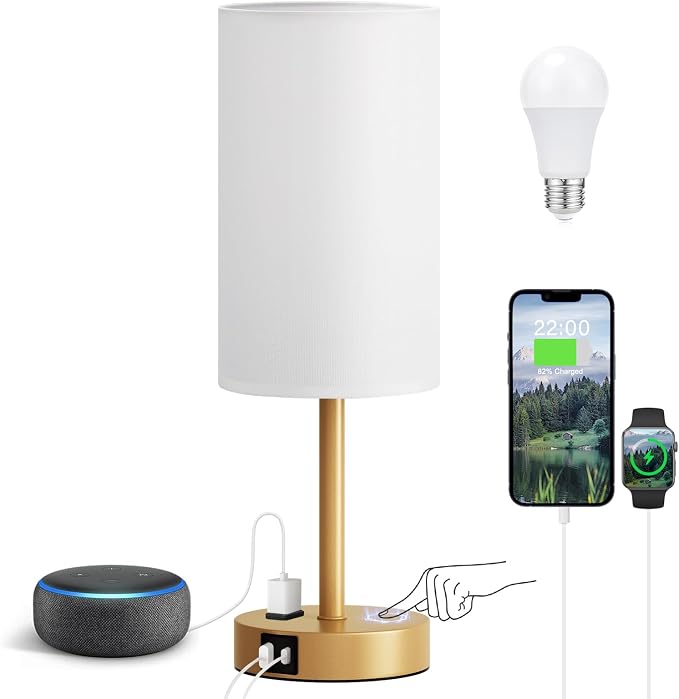 Gold Nightstand Bedroom Lamp - 3 Way Dimmable Bedside Lamp USB C A Charging Ports and AC Outlet, Small Table Lamp Linen Lampshade for Office Desk