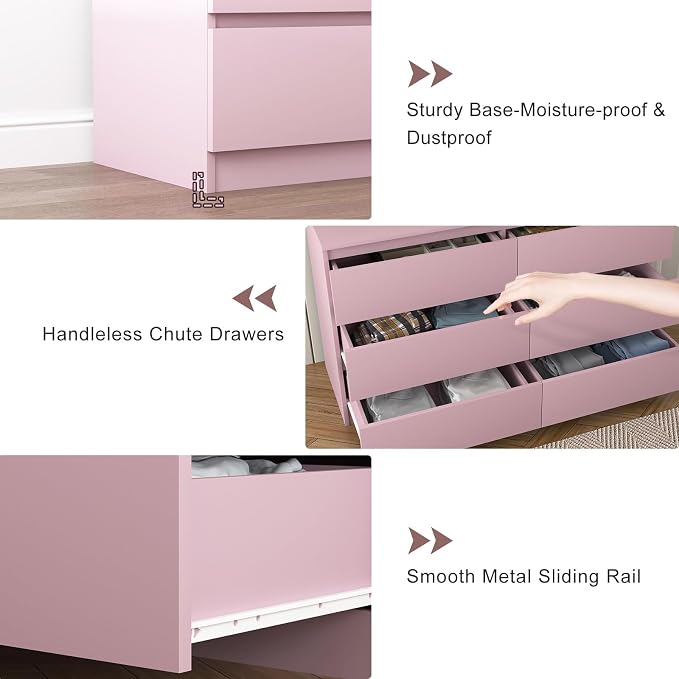 Vibe & Dine 6 Drawer Double Dresser, Modern Chest of Drawers with Wide Storage for Closet, Bedroom, Living Room, Pink