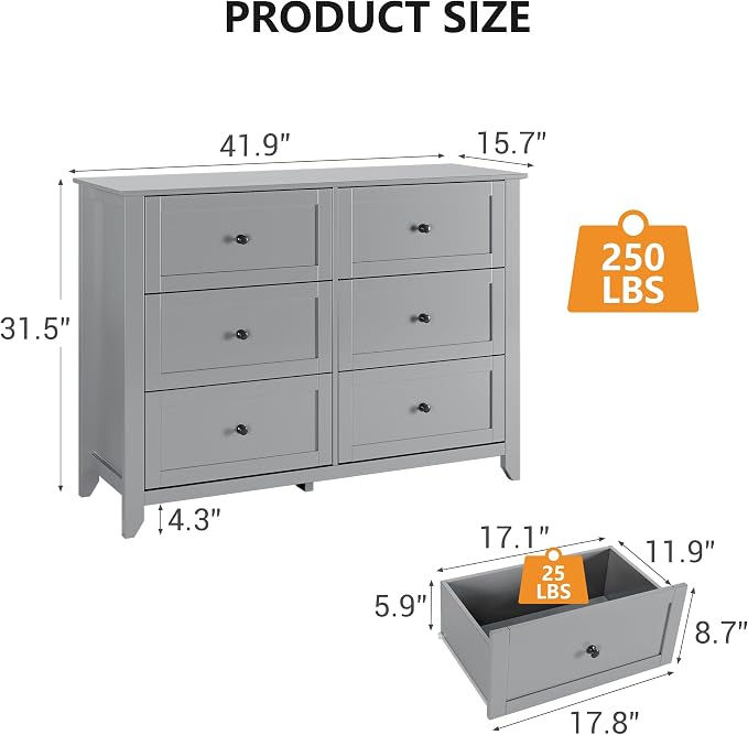 Garvee Grey 6-Drawer Dresser for Bedroom, 41.7" L Entryway Storage Drawers | Modern Lacquered Chest of Drawers, 15.8"D x 41.7"W x 31.5"H, Storage Dresser with Deep Drawers for Hallway Entryway