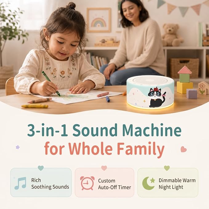 Kipcush White Noise Machine for Baby & Adults, Sleep Sound Machine with 30 Soothing Sounds, 8-Color Night Light, Memory Function, White Noise for Sleeping, Nursery, Office, Travel, Relaxation