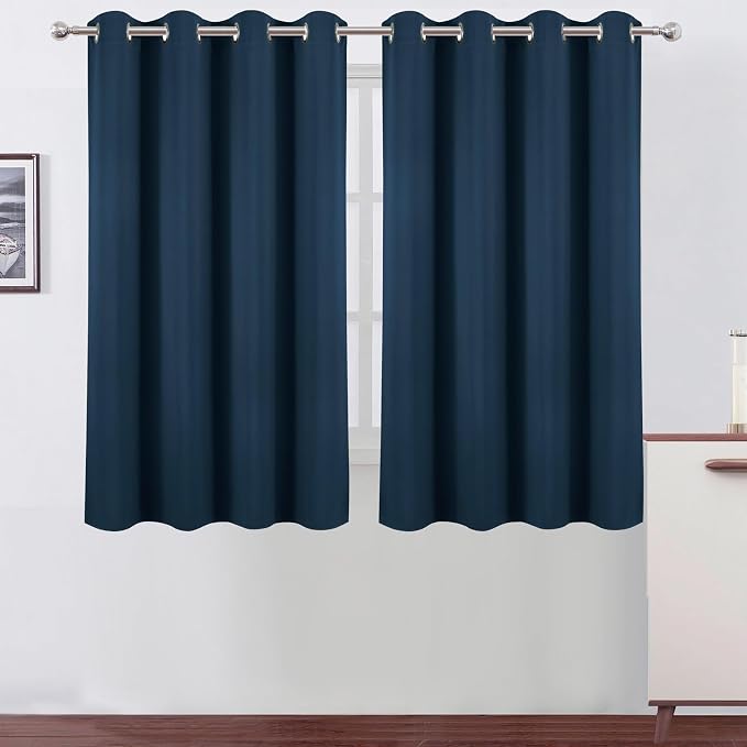 Blackout Curtains 66 x 54 Inch Long Navy Blue Curtains Set of 2 Panels Room Darkening Curtains for Bedroom and Living Room