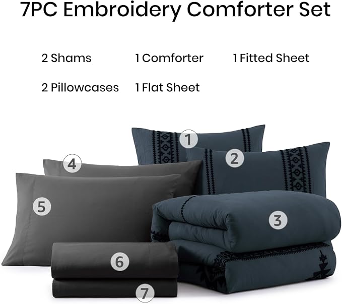 MaiRêve Embroidery King Size Comforter Set 7 Pieces Blue Grey Bed in a Bag | Western Boho Farmhouse Bedding Sets with Comforter, Sheets, Pillowcases & Shams