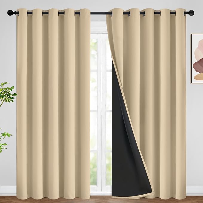 SimpleHome Beige 100% Blackout Curtains Room Darkening Living Room 84 Inch | Curtains for Bedroom,Thermal Insulated Grommet Window Drapes,Curtains for Living Room with Black Back,62 x 84 Inch,2 Panels