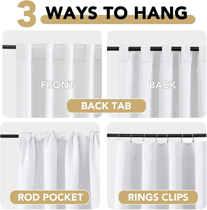 H.VERSAILTEX Back Tab White Curtains 102 Inch Long for Living Room, Rod Pocket Room Darkening Thermal Insulated Light Blocking Drapes, 52 x 102 Inch, 2 Panels