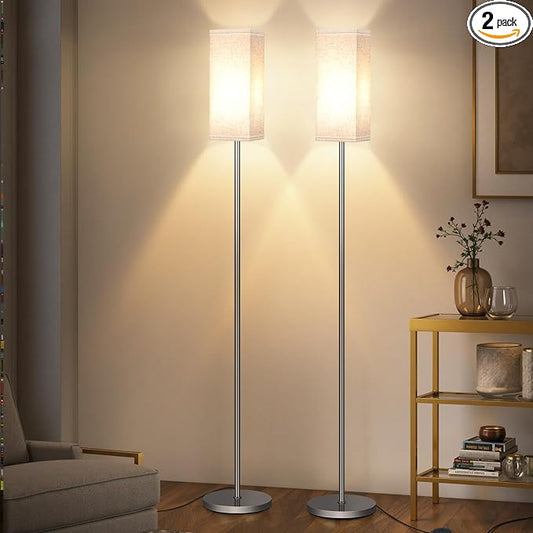 2Pack Floor Lamp, Pole with Foot Switch, Modern Standing Lamp Lamp, Minimalist Freestanding Lamp (Bulb Not Included), for Living Room, Bedroom Office ETL Listed, Silver and Beige SE07LDP205