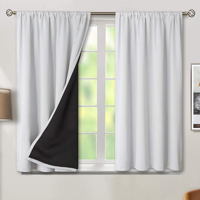 BGment Thermal Insulated 100% Blackout Curtains for Bedroom with Black Liner, Double Layer Full Room Darkening Noise Reducing Rod Pocket Curtain (52 x 54 Inch, Greyish White, 2 Panels) | Thermal Insulated Curtains, 100% Black Out Curtains, Noise Reduce...