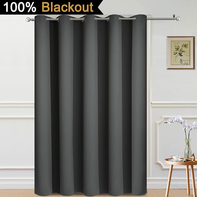 Yakamok Dark Grey Blackout Patio Door Curtain Panels W70 x L84, 1 Panel | Noise Reducing Barrier Panel for Sliding Glass Door, 2 Thick Layers Heat Full Light Blocking Patio Door Drapery