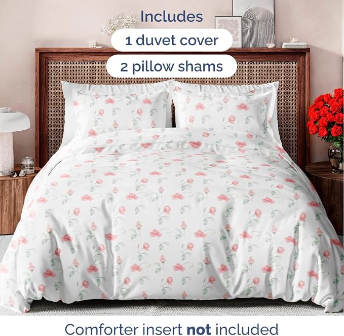 Duvet Cover Full Size - Soft Floral Duvet Cover - 3 Piece - Rosebud | Soft Floral Duvet Cover 80 x 90 with 2 Pillow Shams, Zipper Closures & Ties, Floral Bedding for Women, Men, Kids & Teens