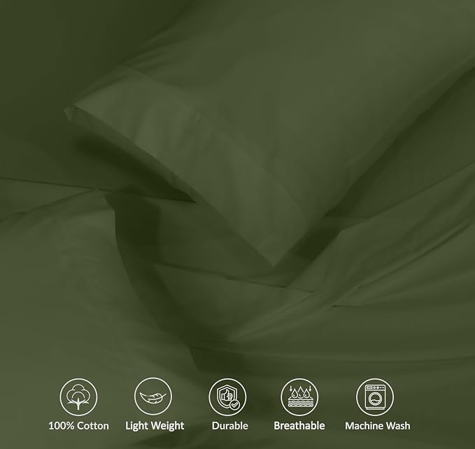 RUVANTI 100% Cotton Percale Sheets Queen Size, Chive | Crisp Cooling, Deep Pocket 16", Soft Breathable & Durable, Hotel-Style, 4 Piece Set