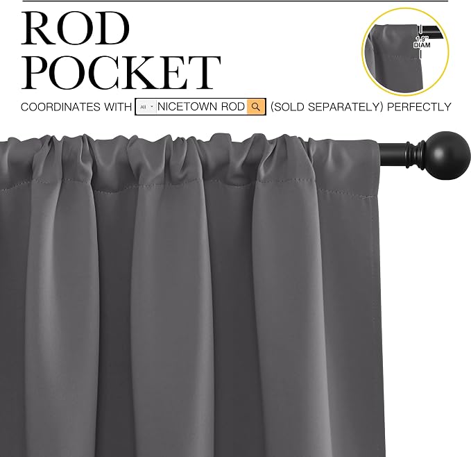 NICETOWN Grey Blackout Curtains for Bedroom 34" Wide x 72" Long 2 Panels | Home Decoration Thermal Insulated Rod Pocket Blinds Drapes for Living Room Small Windows, Light Blocking Room Darkening Decor