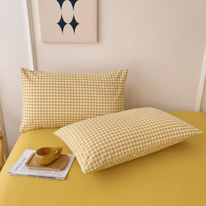 LifeTB Queen Comforter Set Modern Style Yellow Gingham Comforter Geometric Plaid Printed Bedding Comforter with 2 Pillow Shams Fluffy Lightweight Gingham Bedding Grid Checkered Comforter Set