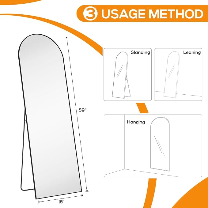 16"x59" Arched Mirror Full Length, Upgraded Body Wall Mirrors | Shatter-Proof Glass, Floor Standing, Hanging or Leaning, Tall Mirror with Stand Aluminum Alloy Frame for Bedroom, Black