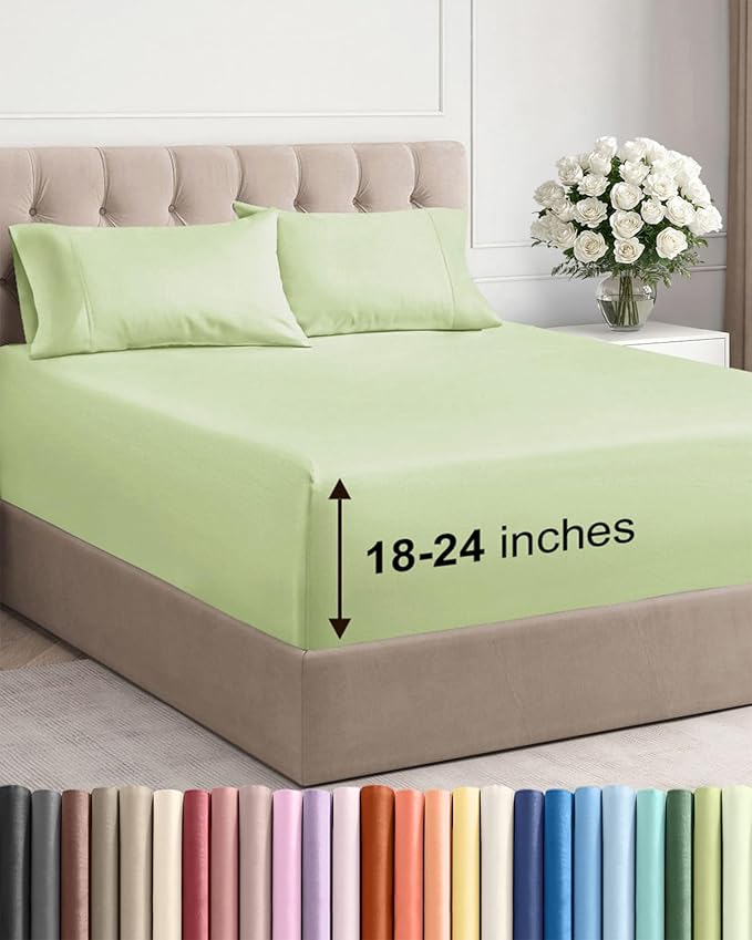 Extra Deep Full Sheet Set - 4 Piece Breathable & Cooling - Light Sage Green | Easily Fits 18 to 24 inch Mattress - Ultra Soft, Wrinkle & Fade Free with Extra Deep Pockets - Comfy Hotel Luxury Bedding