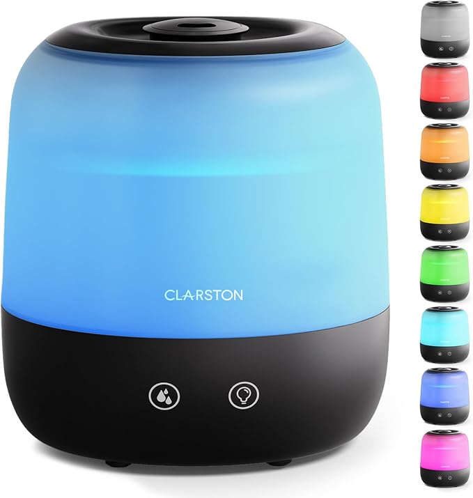 Clarston Humidifiers for Bedroom, 2L Cool Mist Humidifier, 24dB Quiet Sleep | 25H Runtime, Easy to Top Fill & Clean, Humidification for Baby Nursery & Plant, 360° Nozzle for Large Room, Nightlight,No BPA