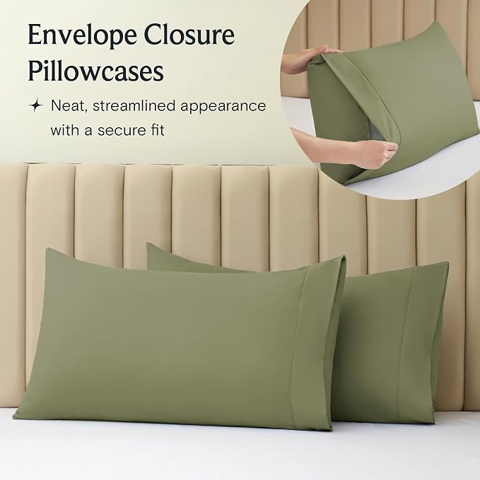 LuxClub 4 PC Queen Sheet Set, Deep Pockets Wrinkle Free Cooling Bed Sheets Hotel Bedding for Women, Men, Includes 1 Fitted Sheet, 1 Flat Sheet and 2 Pillowcases-Soft Olive | LuxClub Silky Fitted Sheet & Pillowcase Sets, Breathable Hotel Luxury Bedding ...