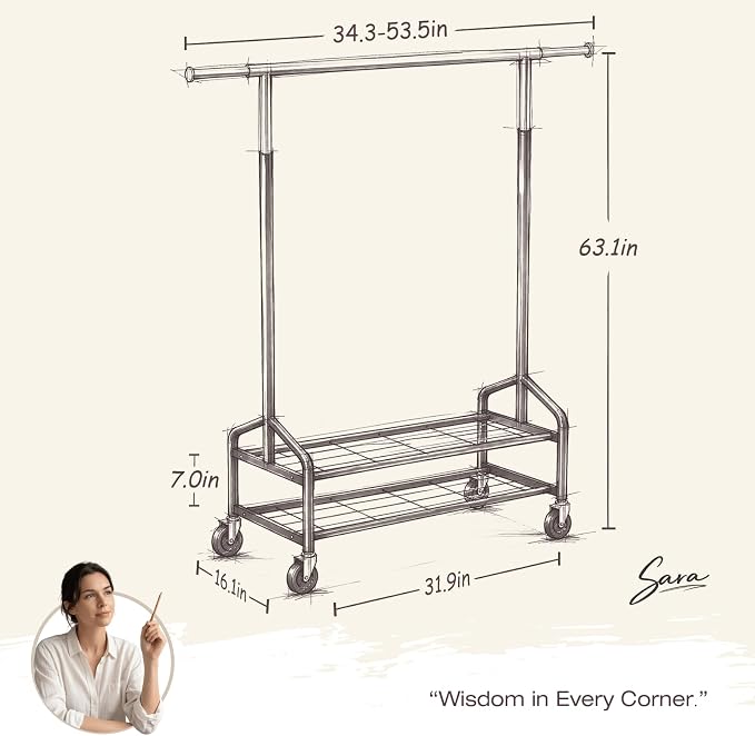 Heavy Duty Clothes Rack, Rolling Clothing Rack Load 650 LBS for Hanging Clothes with 2 Sturdy Shelves, Metal Garment Rack with Wheels for Bedroom, Retail Store, Silver-Black, Large