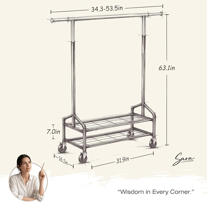 Heavy Duty Clothes Rack, Rolling Clothing Rack Load 650 LBS for Hanging Clothes with 2 Sturdy Shelves, Metal Garment Rack with Wheels for Bedroom, Laundry Room, Retail Store, Black, Large