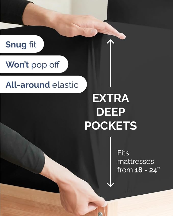 CGK Unlimited Extra Deep Flex Top Split Head King Sheet Set - 6 Piece Breathable and Cooling Sheets - Hotel Luxury Bedding for Women, Men, Kids & Teens - Easy Secure Fit - Extra Deep Pockets - Black
