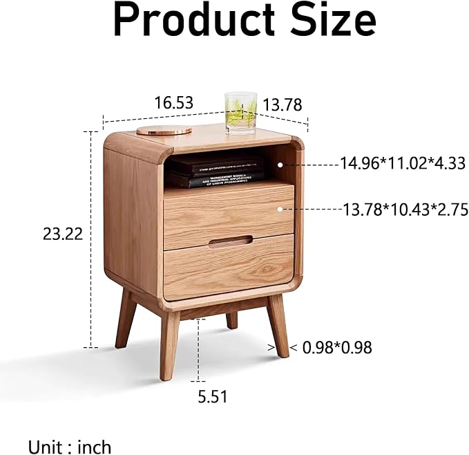 Solid Wood Nightstand Set of 2, Mid Century Modern Nightstands, Small Nightstand with 2 Drawers and Open Storage, Small Bedside Table for Bedroom, Living Room, Dormitory(Natural Wood Color)