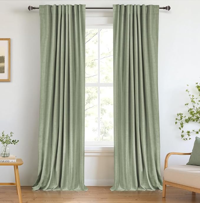 Linen Textured Total Blackout Curtains for Bedroom 96 Inches Long, Sage | 100% Blackout Shield, Back Tab/Rod Pocket Living Room Drapes, Thermal Insulated Blackout Curtains 2 Panels Set, 50"W x 96"L