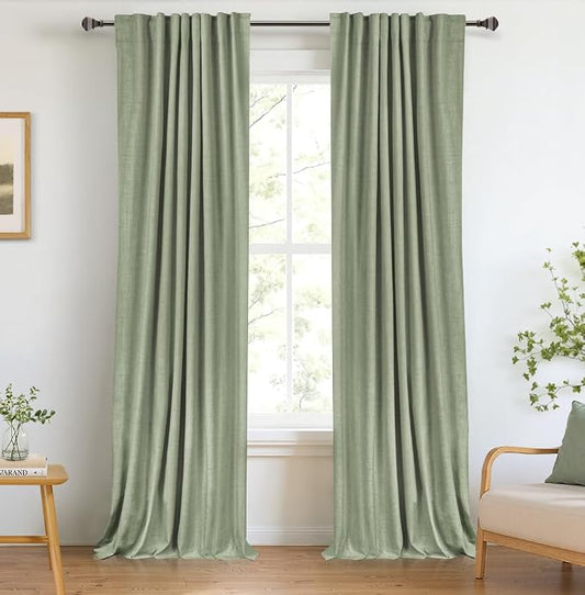Linen Textured Total Blackout Curtains for Bedroom 96 Inches Long, Sage | 100% Blackout Shield, Back Tab/Rod Pocket Living Room Drapes, Thermal Insulated Blackout Curtains 2 Panels Set, 50"W x 96"L