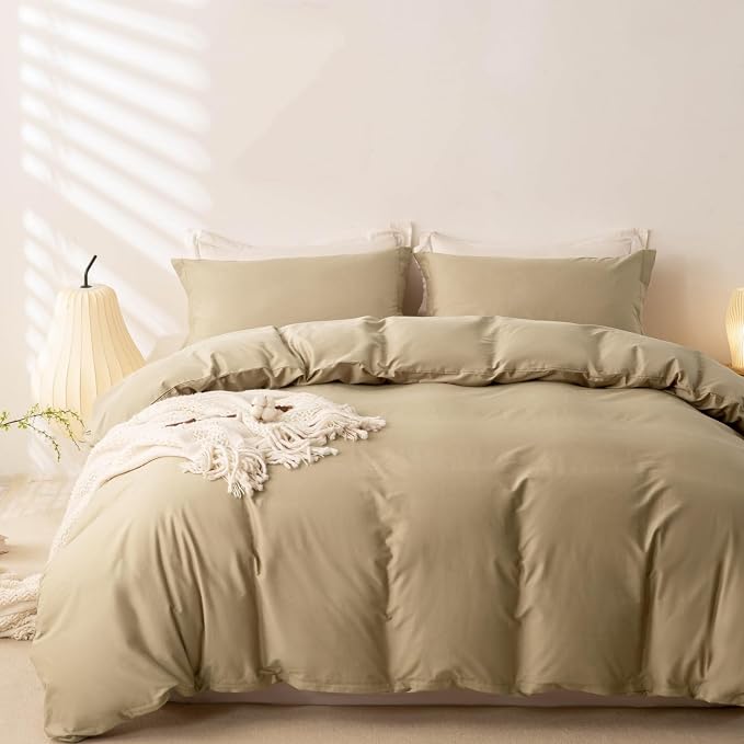 OAITE Duvet Cover Set 100% Washed Cotton Solid 3pcs | Soft,Durable,Long-staple Cotton,Hidden Zipper with 8 Interior Corner Ties,2 Pillowcases,68"X90"
