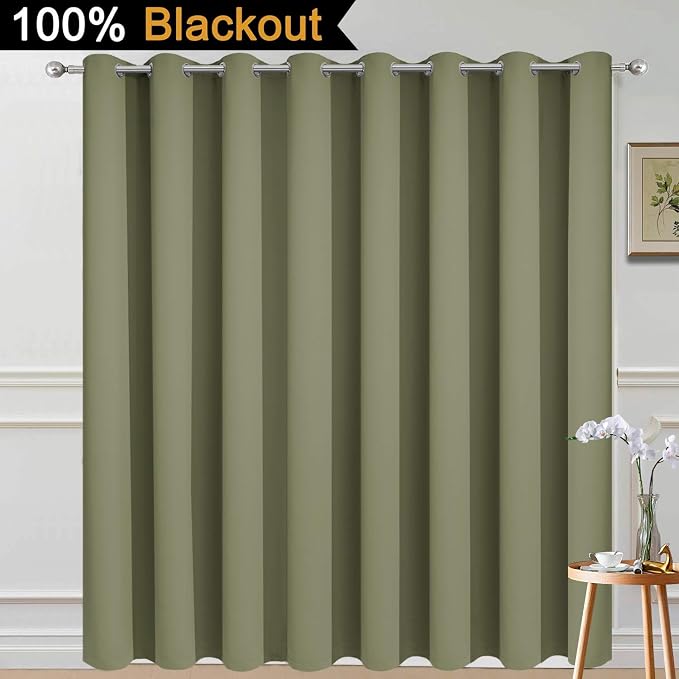 Yakamok Sage 100% Blackout Patio Door Curtain Panels W100 x L84,1 Panel | Noise Reducing Barrier Panel for Sliding Glass Door, 2 Thick Layers Heat Full Light Blocking Patio Door Drapery
