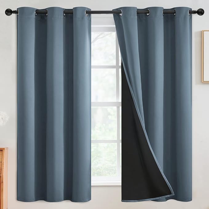 SimpleHome Stone Blue 100% Blackout Curtains Room Darkening Living Room 63L | Curtains for Bedroom,Thermal Insulated Grommet Window Drapes,Curtains for Living Room with Black Back,42 x 63 Inch,2 Panels