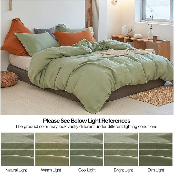 Simple&Opulence 100% Linen Duvet Cover Set 3pcs Basic Style Natural French Washed Flax Solid Color Soft Breathable Farmhouse Bedding with Button Closure - Sage Green, King