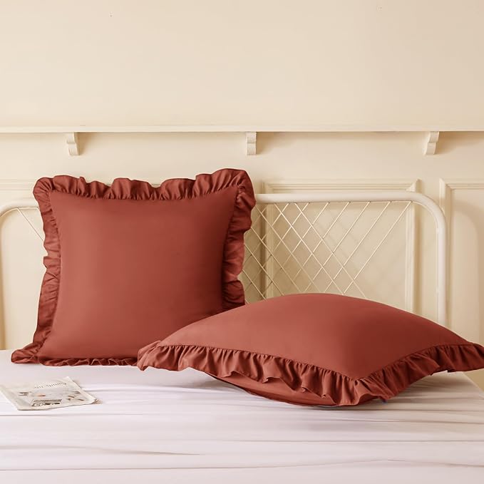 KKJIAF 2 Pack Ruffle Pillow Cases 22x22 Inches, Dusty Orange | Square Ruffled Pillow Covers, Microfiber Wrinkle Resistant Pillow Shams with Envelope Closure for Sofa Bed Living Room