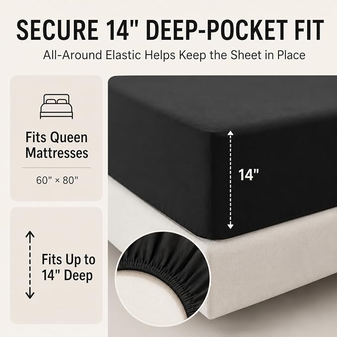 Queen Comforter Set Black - 7 Pieces Bed in a Bag | OEKO-TEX Certified, All-Season, Bedroom, Guest Room, Down-Alternative Comforter + Flat & Fitted Sheets + 4 Pillowcases